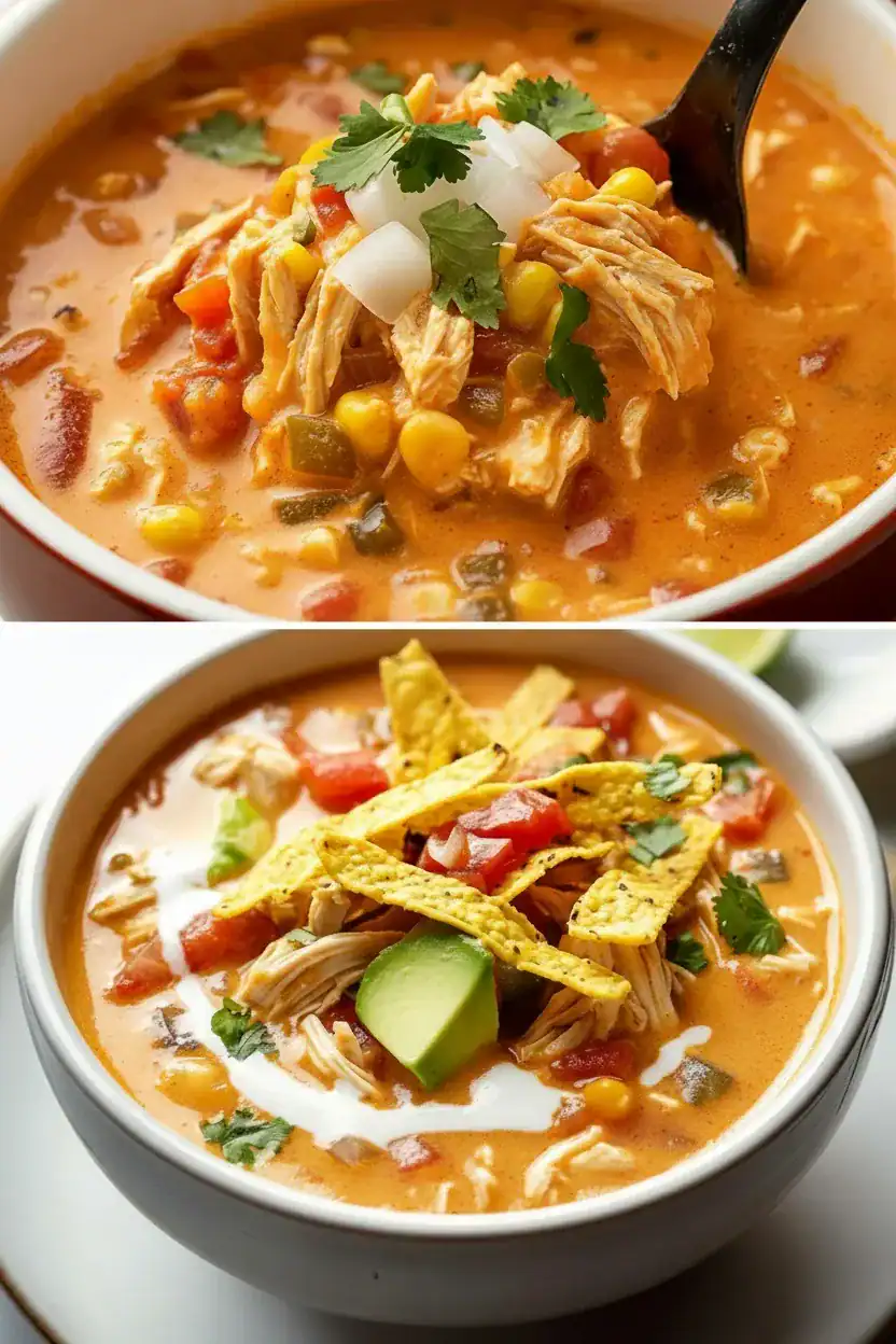 Creamy chicken and vegetable soup with corn, herbs, and a hint of spiciness, served hot in a bowl. Perfect comfort food recipe for cold days, easy to make, flavorful, and nutritious.