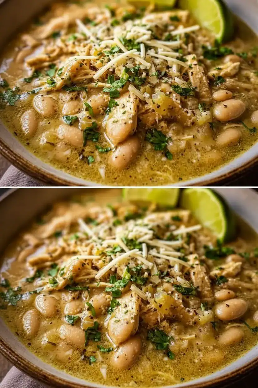 Creamy chicken and bean chili dish garnished with cheese, herbs, and lime wedges, perfect for hearty meals and healthy eating, served in a rustic bowl.