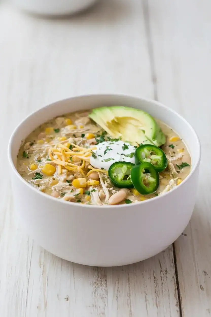 Creamy chicken corn soup with avocado, jalapeno, and herbs in a white bowl on a rustic white wooden surface. Perfect comfort food and easy to prepare.