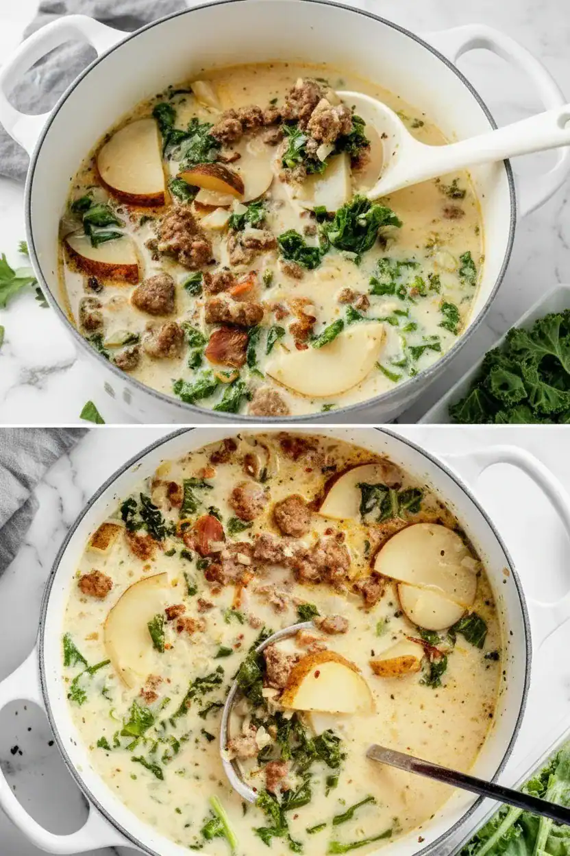 Creamy potato and sausage soup with spinach and herbs, served hot and garnished with fresh greens, perfect for cozy winter meals.