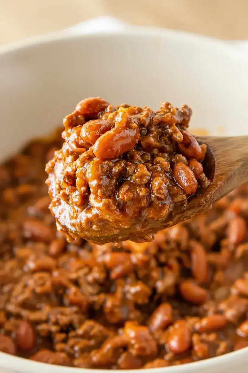 Savory homemade chili with beans served in a white bowl with a wooden spoon, highlighting the rich, hearty texture of the dish.