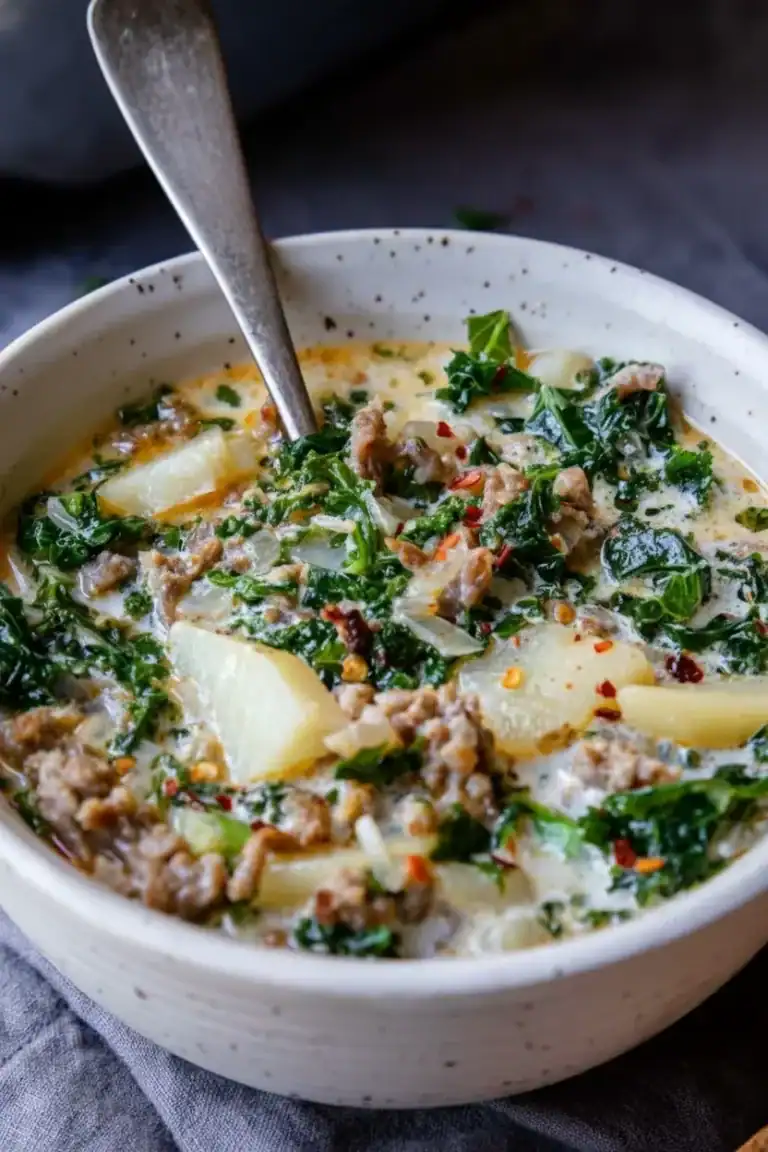 Creamy kale and potato soup in a white bowl with herbs and spices, served with a spoon for a hearty, nutritious meal.