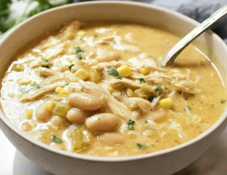 Creamy chicken and bean soup with corn and herbs in a white bowl, perfect for cozy meals. Made with tender chicken, white beans, corn, and fresh herbs in a flavorful broth.