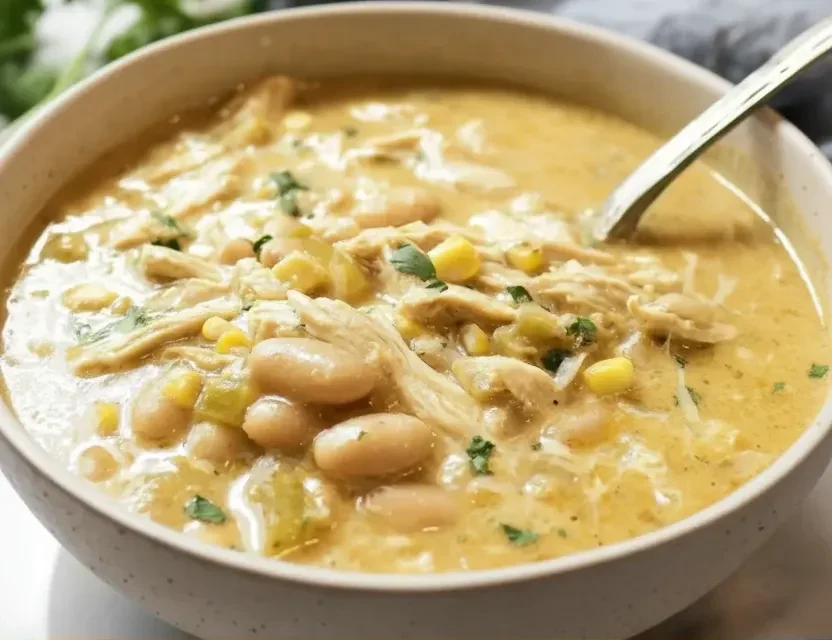 Creamy chicken and bean soup with corn and herbs in a white bowl, perfect for cozy meals. Made with tender chicken, white beans, corn, and fresh herbs in a flavorful broth.