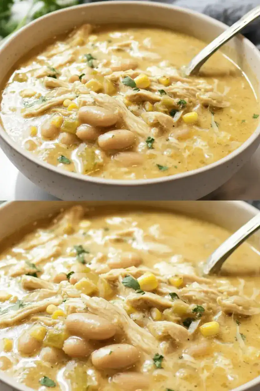 Creamy chicken and bean soup with corn and herbs in a white bowl, perfect for cozy meals. Made with tender chicken, white beans, corn, and fresh herbs in a flavorful broth.