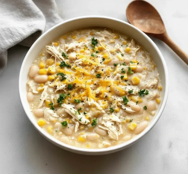 Creamy chicken and white bean soup garnished with herbs, shredded chicken, and cheese in a white bowl on a white surface with a wooden spoon.