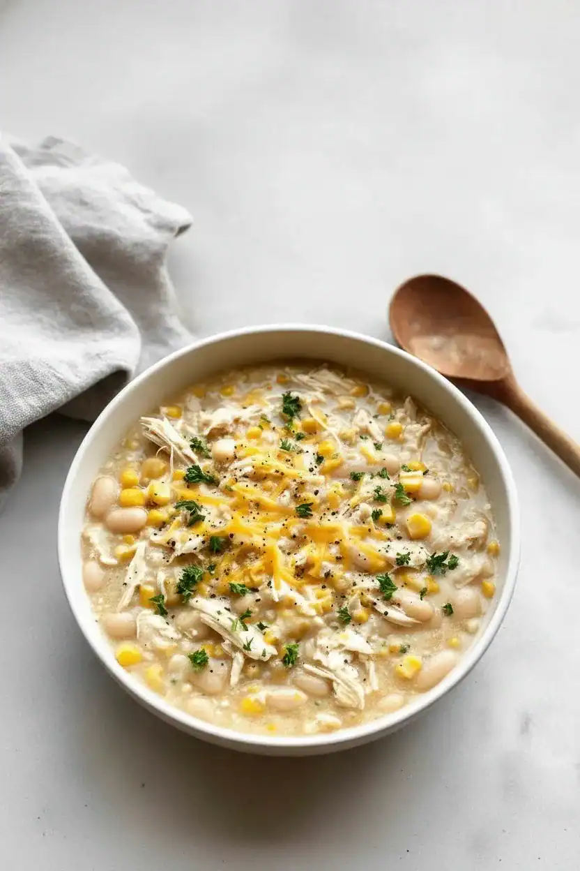 Creamy chicken and white bean soup garnished with herbs, shredded chicken, and cheese in a white bowl on a white surface with a wooden spoon.