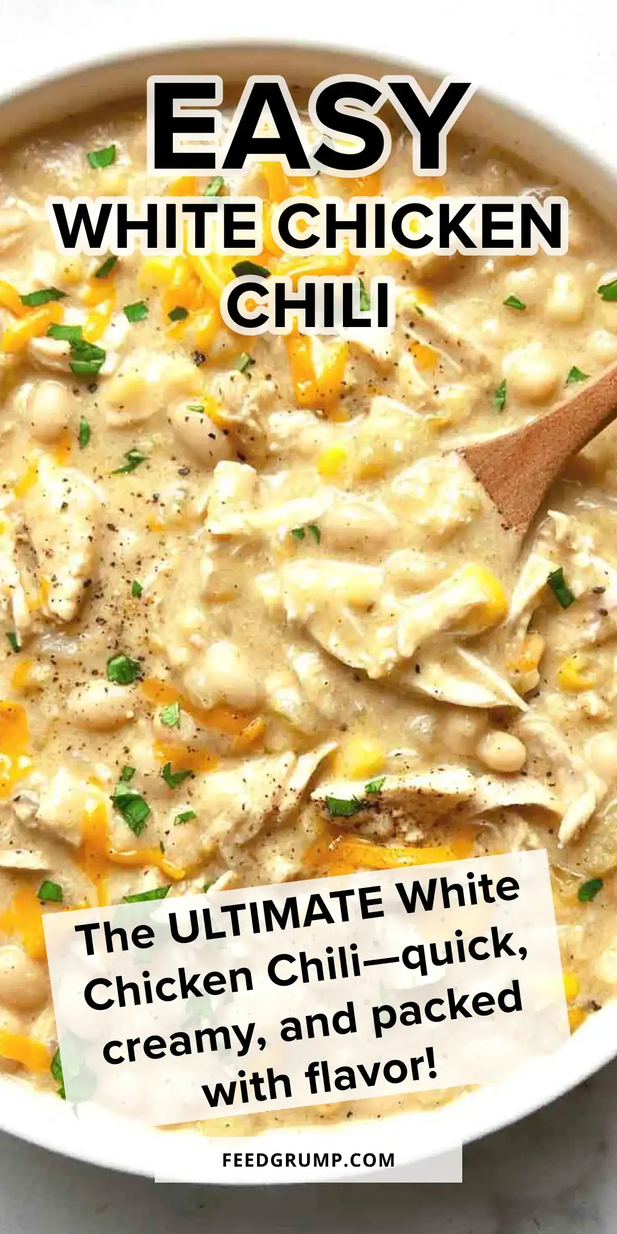 Creamy white chicken chili with shredded chicken, beans, spices, and melted cheese in a comforting bowl. Easy to make, flavorful, and perfect for a quick, hearty meal.