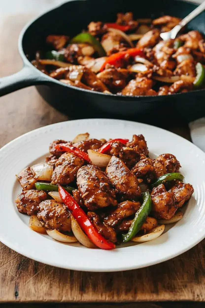 Savory stir-fry chicken with bell peppers and onions, coated in a flavorful sauce, served on a white plate for a delicious homemade meal.