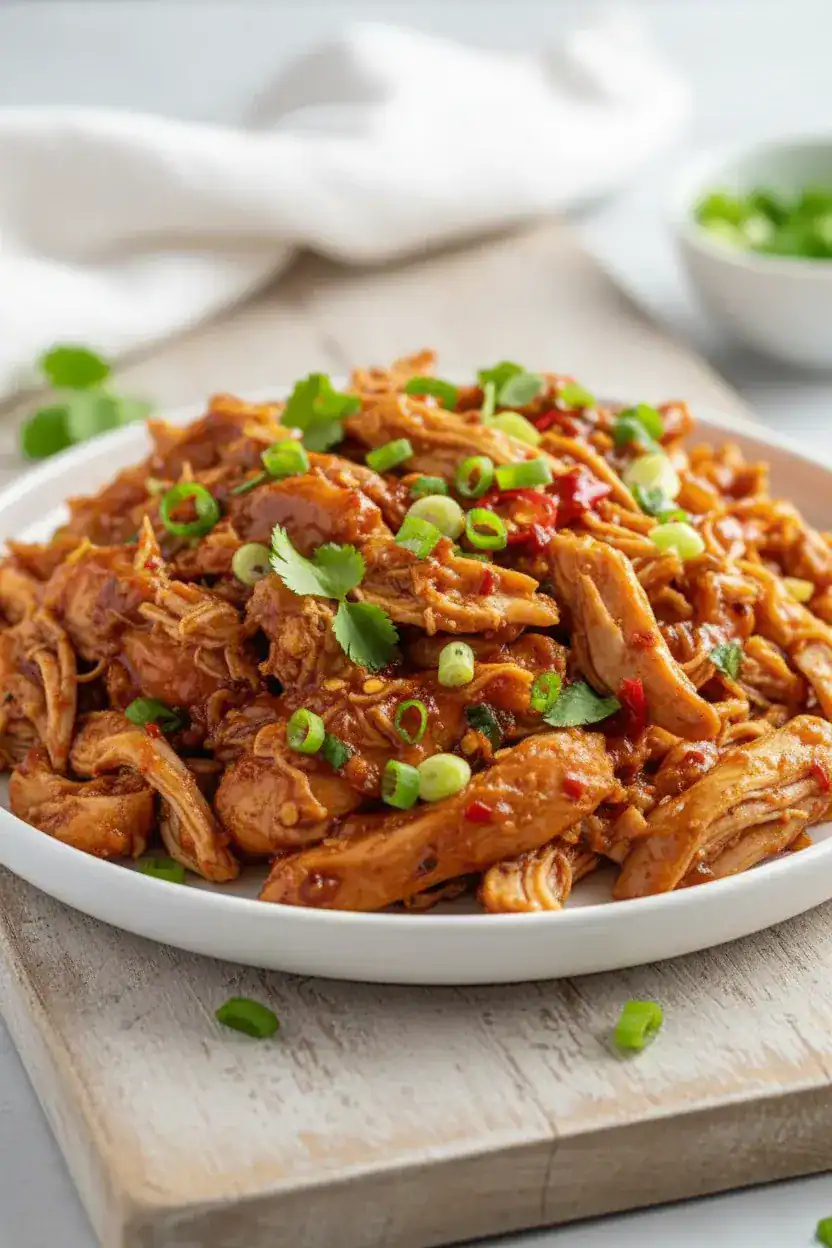 Succulent shredded chicken cooked in savory, flavorful sauce garnished with fresh green onions and herbs atop a white plate, perfect for tasty meal recipes.