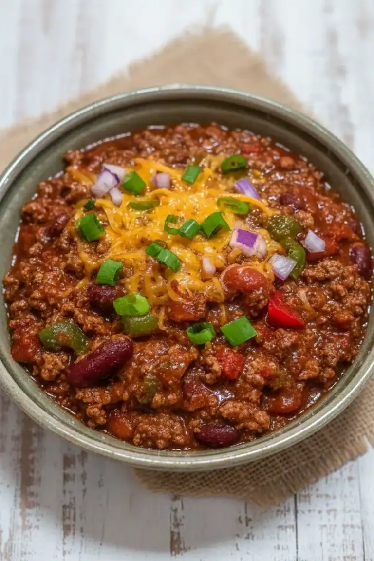 Savory beef chili topped with melted cheese, diced onions, and green onions in a ceramic bowl, perfect for hearty comfort food and easy recipes.