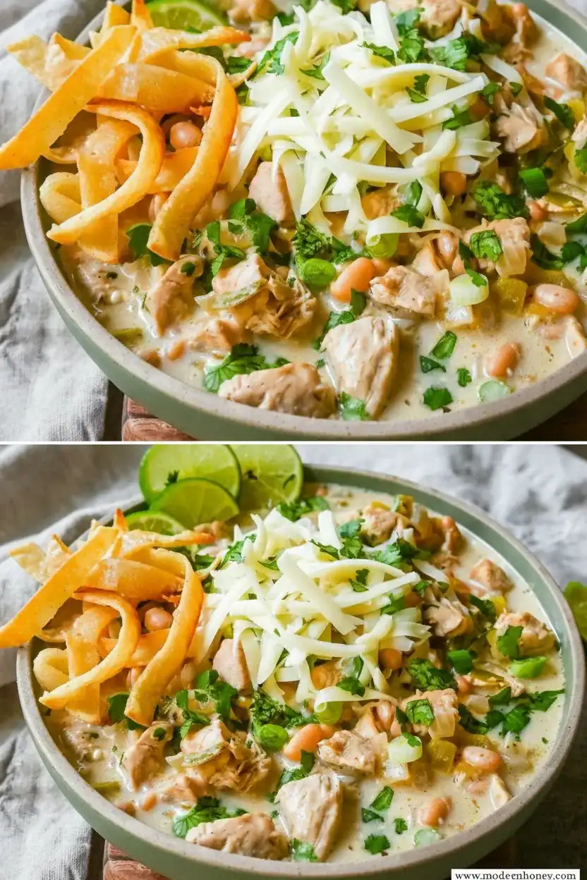 Creamy chicken tortilla soup with fresh vegetables, cheese, and lime slices in a popular recipes collection.