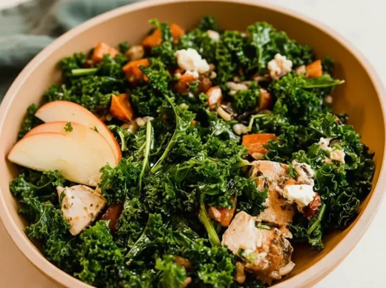 Roasted chicken and kale salad with sweet potatoes and apples, healthy meal prep options for weight loss and nutrient-rich eating.