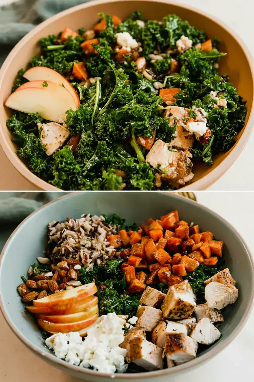 Roasted chicken and kale salad with sweet potatoes and apples, healthy meal prep options for weight loss and nutrient-rich eating.
