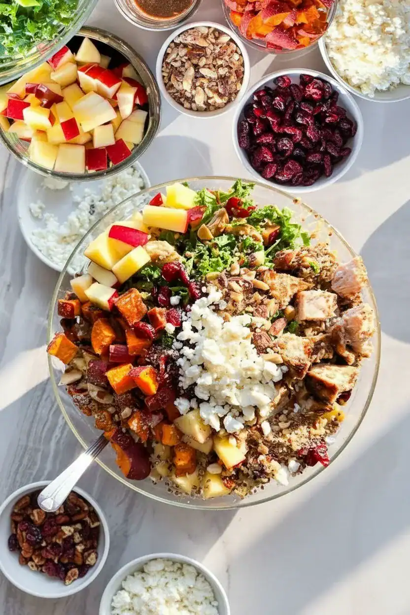 Fresh fruit salad with diced apples, berries, and chopped nuts served in a clear glass bowl, surrounded by various bowls of ingredients and toppings on a white surface.