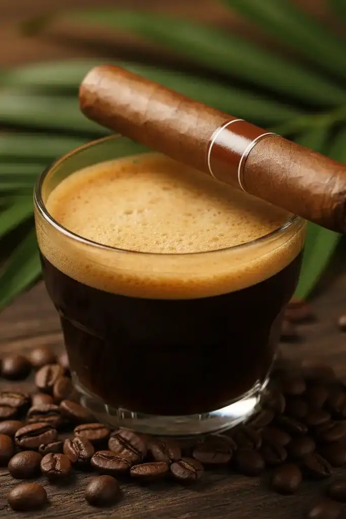 Rich dark espresso with a frothy crema on top, served in a clear glass surrounded by coffee beans with a cigarro resting on top. Perfect for coffee lovers seeking a robust, flavorful brew.