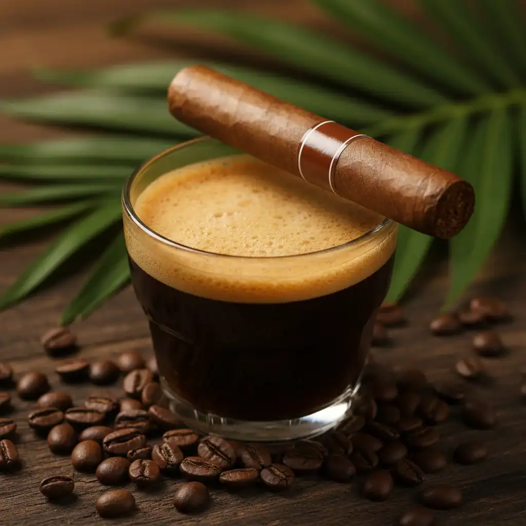 A steaming cup of rich, dark coffee topped with a frothy golden crema, garnished with a premium cigar resting on the rim. Surrounded by roasted coffee beans, evoking a luxurious coffee and cigar experience.