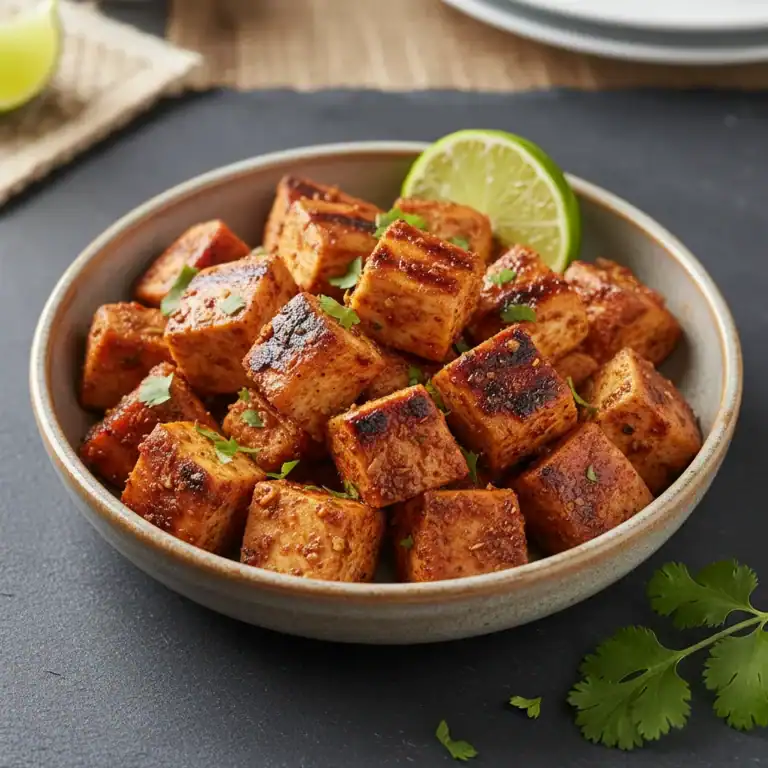 Delicious tofu stir-fry with crispy, golden-brown cubes seasoned with spices, garnished with fresh lime slices and cilantro. Ideal for vegetarian and vegan recipes.