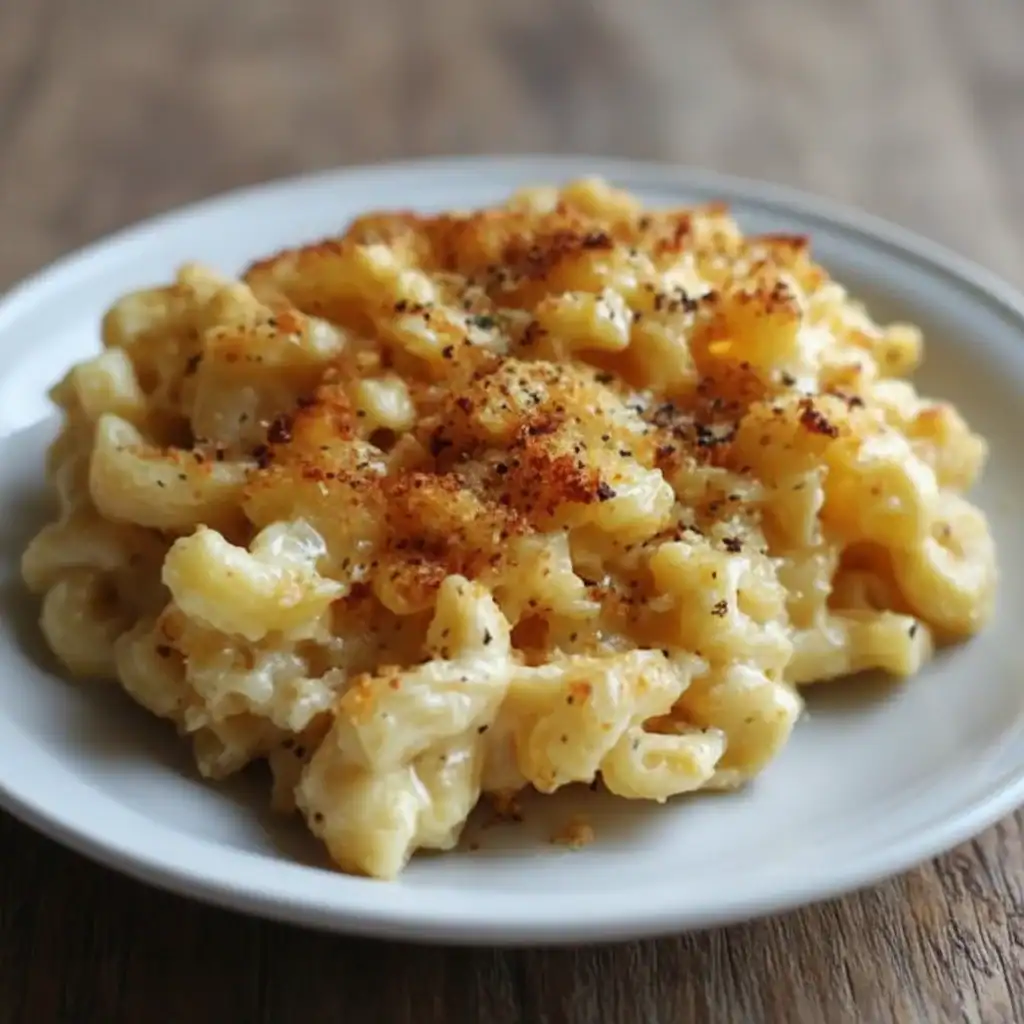 A delicious bowl of creamy baked mac and cheese topped with crispy breadcrumbs and black pepper. Perfect comfort food for any occasion.