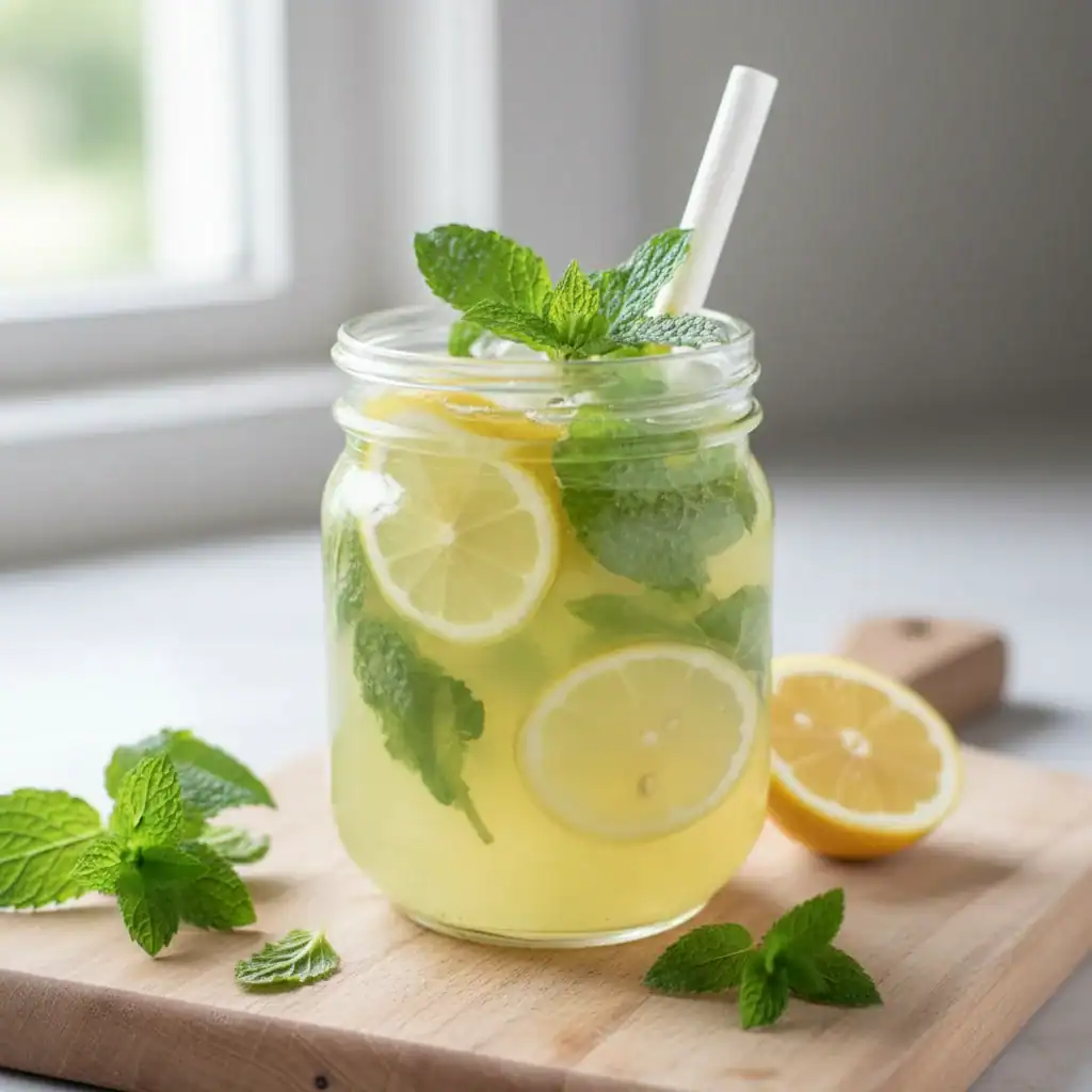 Refreshing Lemon Mint Infused Water with Fresh Slices and Mint Leaves.