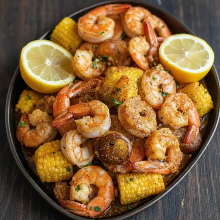 Fresh shrimp, sweet corn, lemon wedges, and herbs in a flavorful seafood boil. Perfect for gatherings and outdoor cooking.