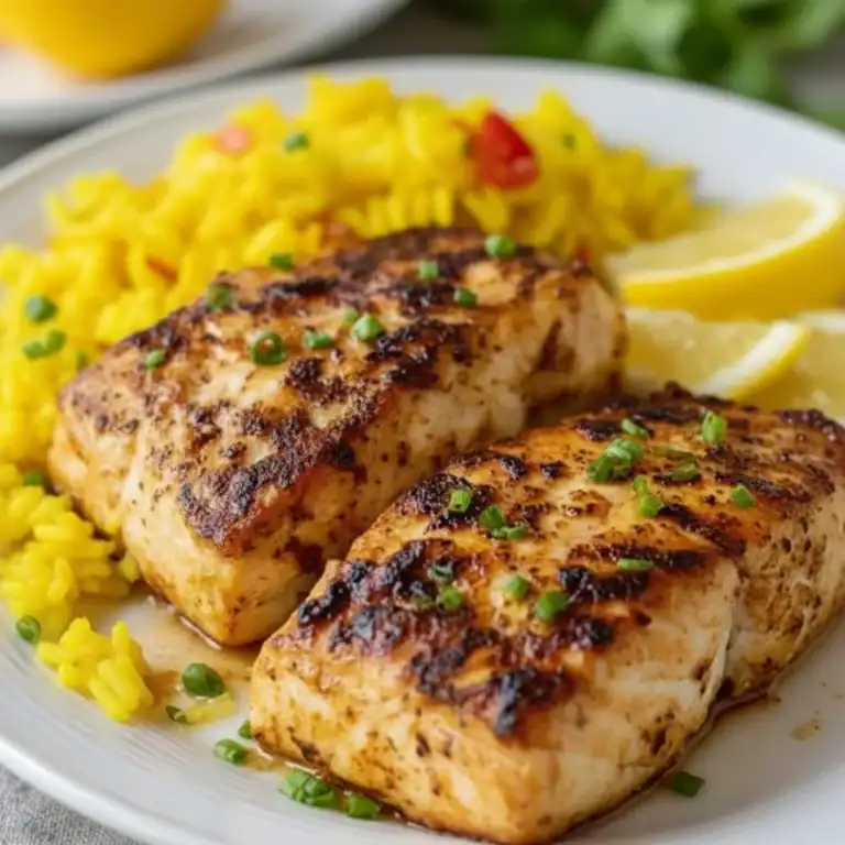 Fresh grilled fish fillets served with yellow rice, garnished with chopped green onions, and a slice of lemon on the side.