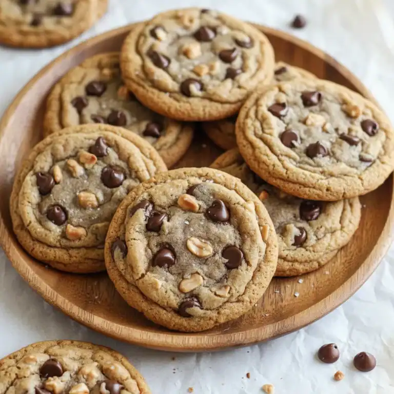 Delicious homemade chocolate chip cookies with walnuts on a wooden platter, perfect for snacking or sharing. Freshly baked with soft centers and crispy edges, these cookies are a classic treat everyone loves.