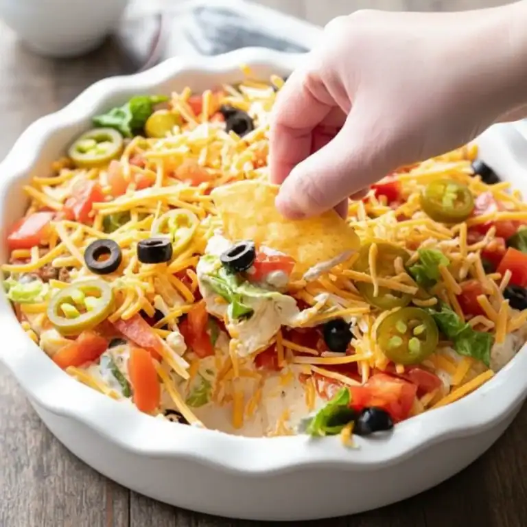A close-up of a colorful layered cheesy taco dip with fresh vegetables, black olives, and shredded cheese, served in a white dish with a hand dipping a chip into the dip.